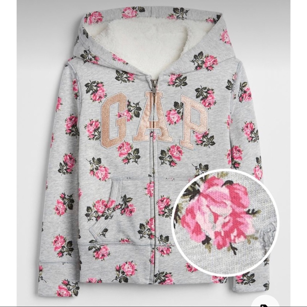 Gap Floral Fleece Lined Zip Up Logo Sweatshirt
